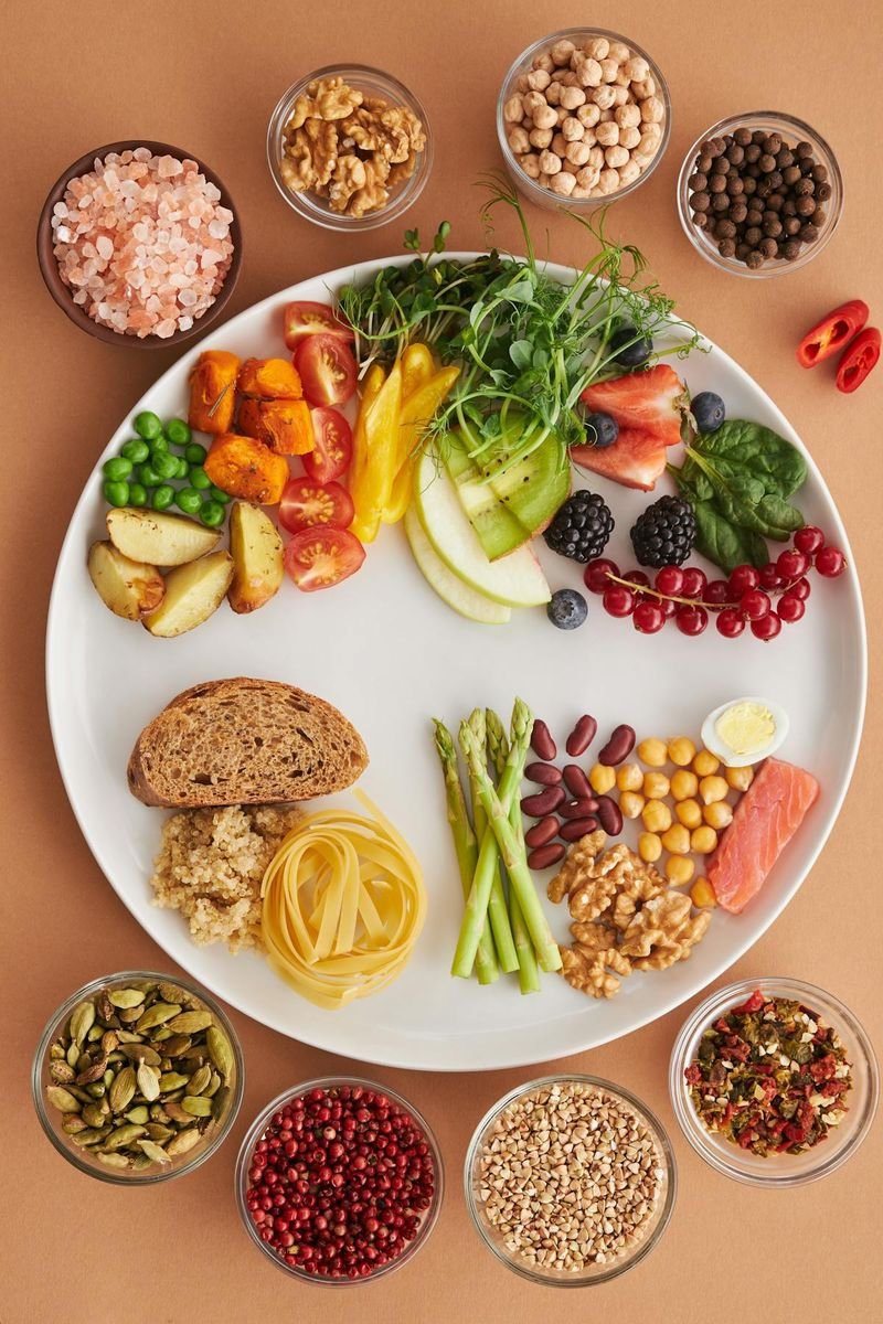 Flat lay of nutritious foods including lentils, beans, vegetables and grains — diabetes-friendly Bangladeshi diet ingredients