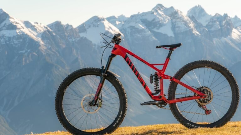 A mountain bicycle parked outdoors