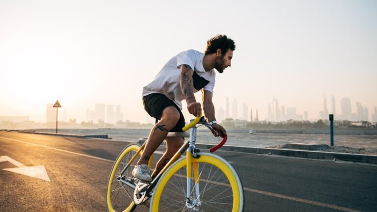 A cyclist riding on a city road